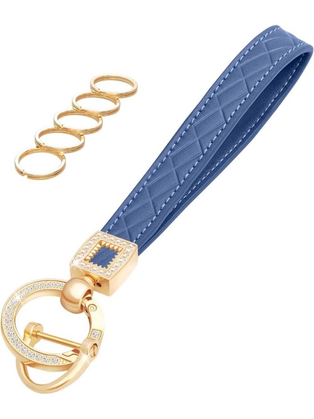 Women's Blue Car Keys loop Cross-hatched Key Holder Leather Wristlet Keychain